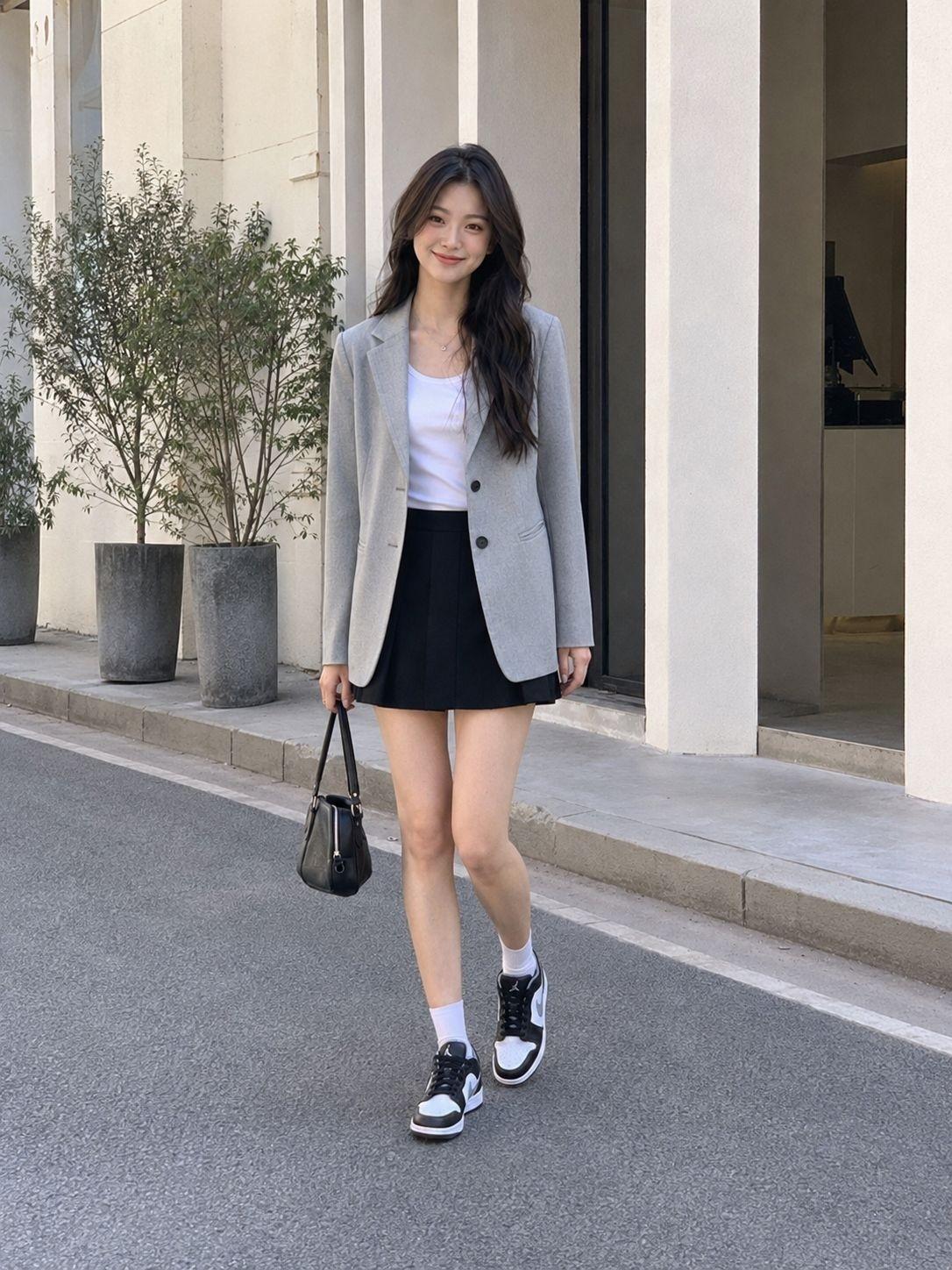 💼 智性恋天花板!这套灰西装+黑短裙真的好清冷高级
